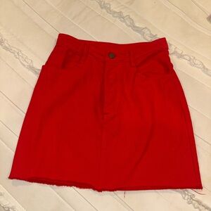 90s red denim mini skirt with a raw hem and button fly #vintage #90s